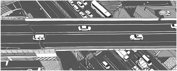Illustrazione del traffico nelle ore di punta dalla vista ad angolo alto in scala di grigi — Vettoriale Stock