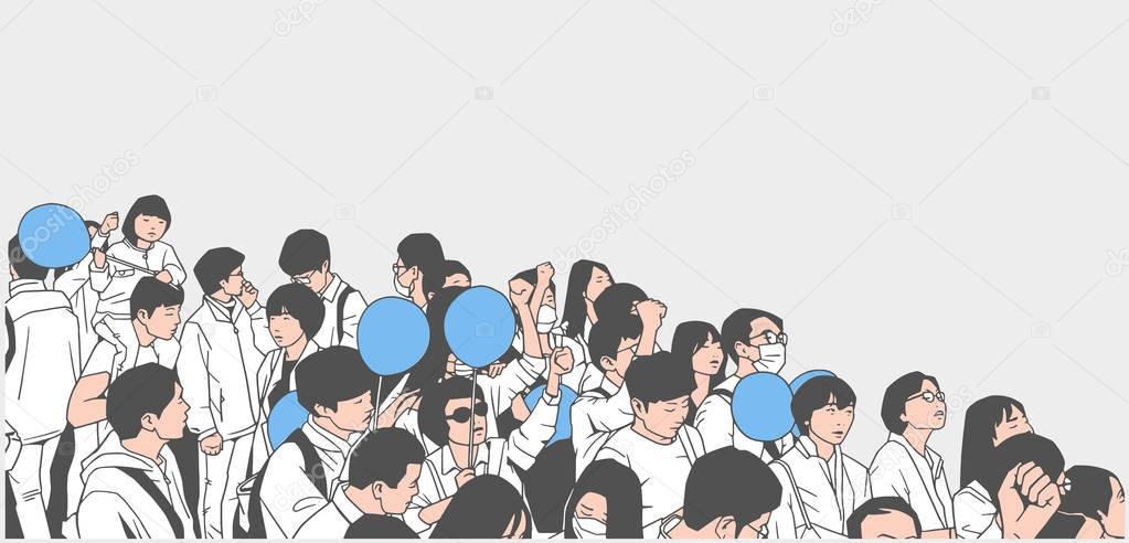 Illustration of peaceful asian crowd protest with children and blank balloons