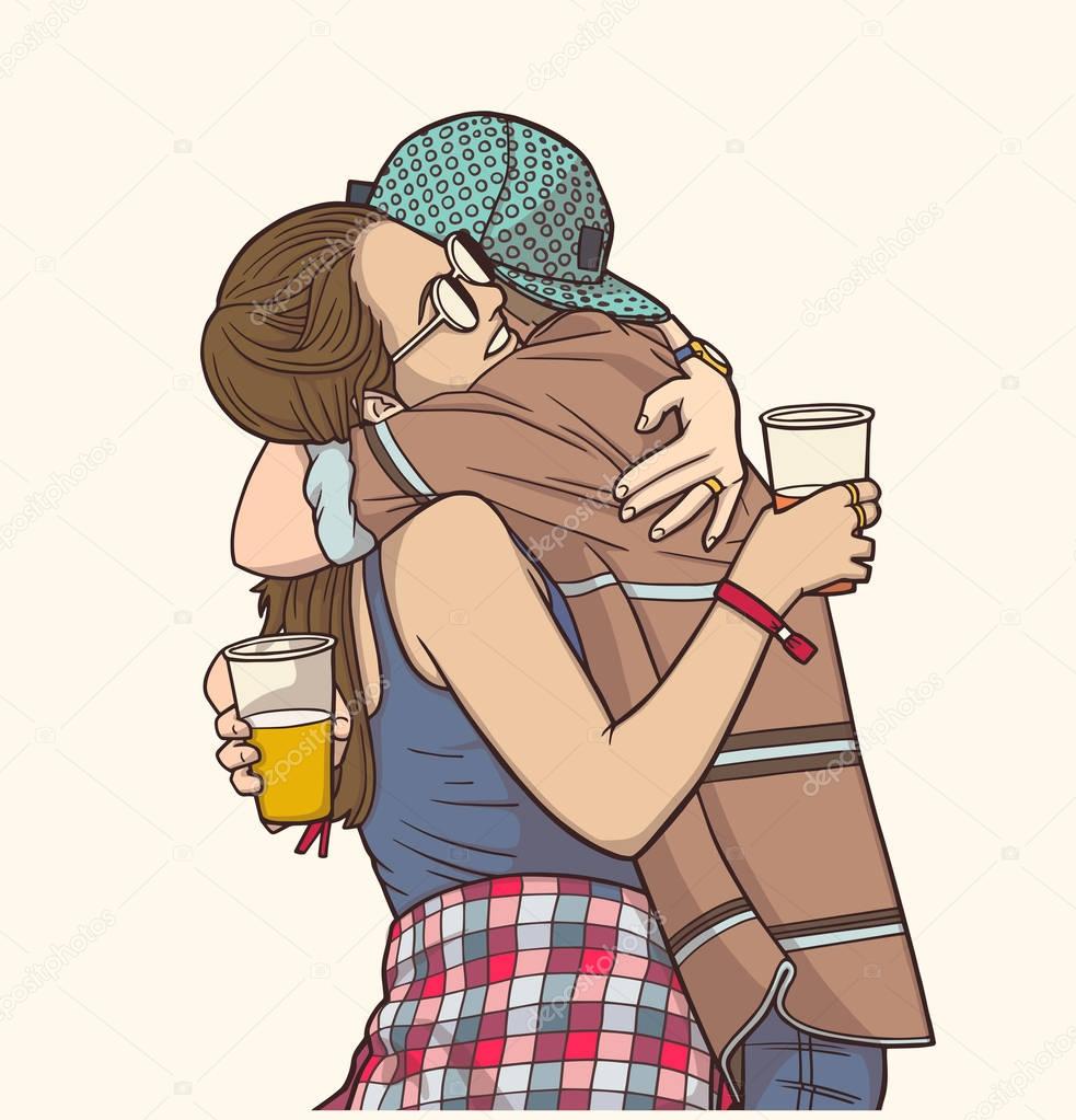 Isolated illustration of young couple hugging and holding plastic cups at festival