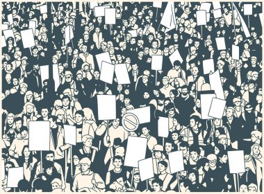 Boş işaret ve afiş yüksek açı görünümü ile protesto kalabalık çizimi