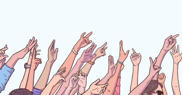 Ilustrasi orang banyak bersorak dengan mengangkat tangan di festival musik - Stok Vektor