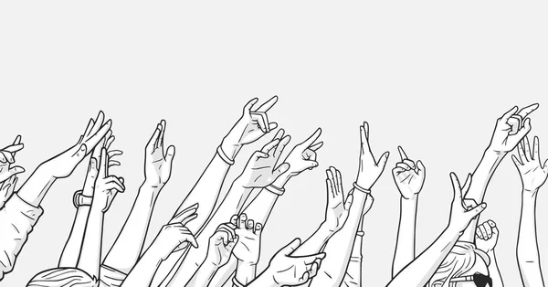 Illustration of crowd cheering with raised hands at music festival — Stock Vector