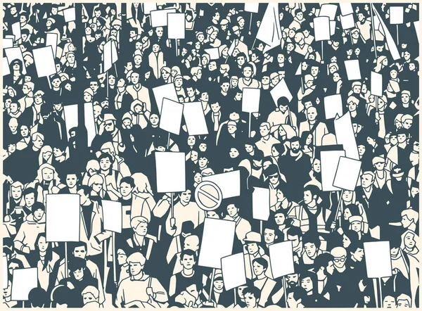Boş işaret ve afiş yüksek açı görünümü ile protesto kalabalık çizimi — Stok Vektör