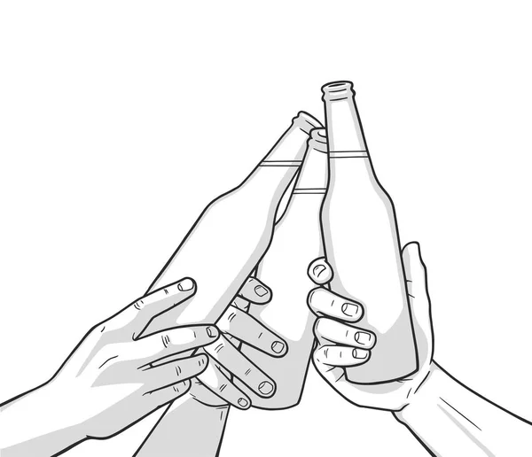 Ilustración de botellas de cerveza levantadas. Salud. — Vector de stock