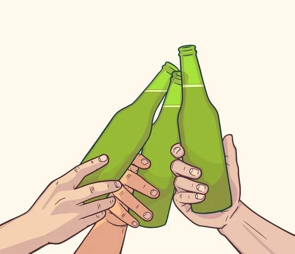 Иллюстрация поднятых пивных бутылок в винтажных цветах. Cheers — стоковый вектор