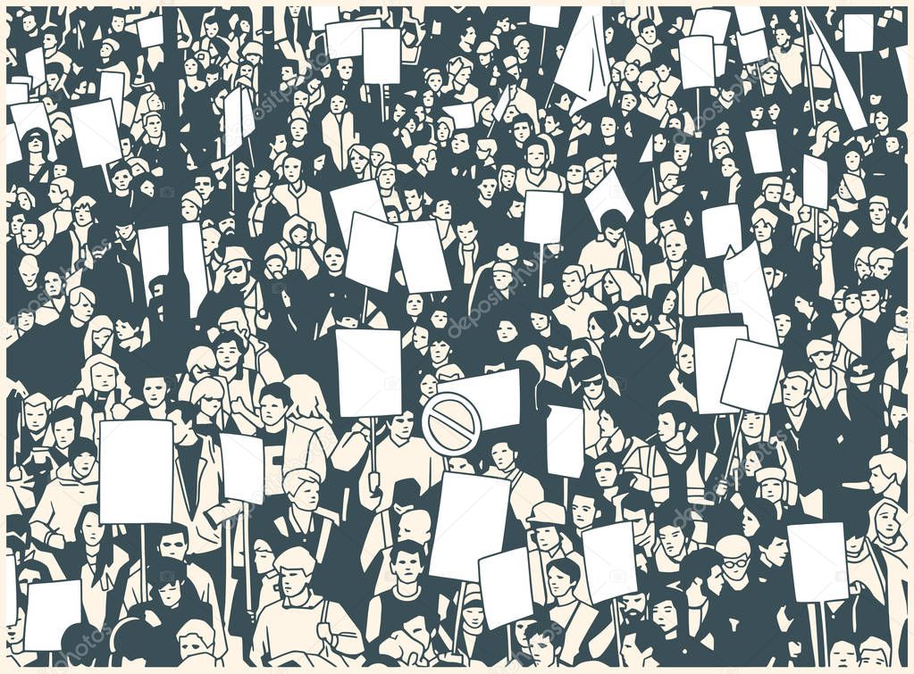 Illustration of protesting crowd with blank signs and banners from high angle view