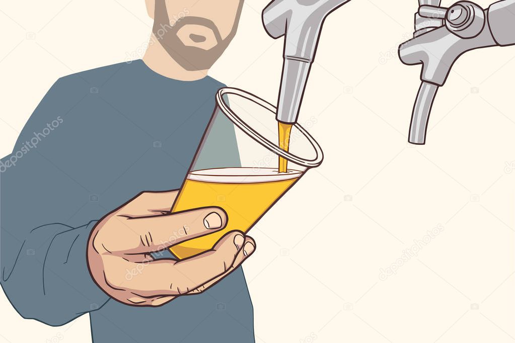 Illustration of man with beard pouring draft beer in vintage colors