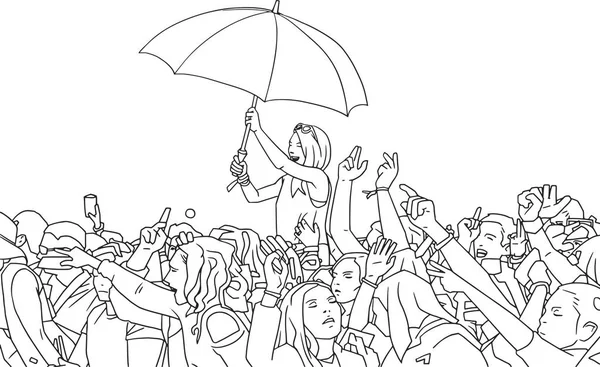 빗 속에서 파티 혼합된 인종 축제 군중의 그림 — 스톡 벡터