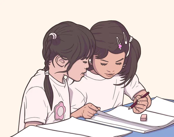 Illustration von Paar von kleinen Mädchen Färbung in freundlichen Garten in Farbe — Stockvektor