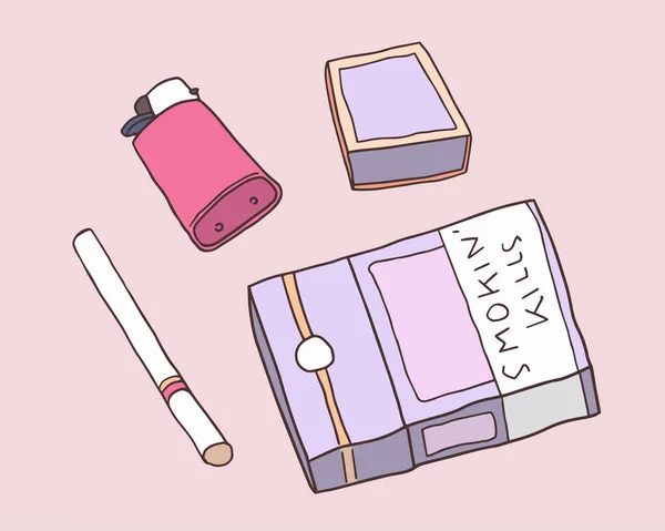 Illustration av paket cigaretter, matchar och ljusare i färg — Stock vektor