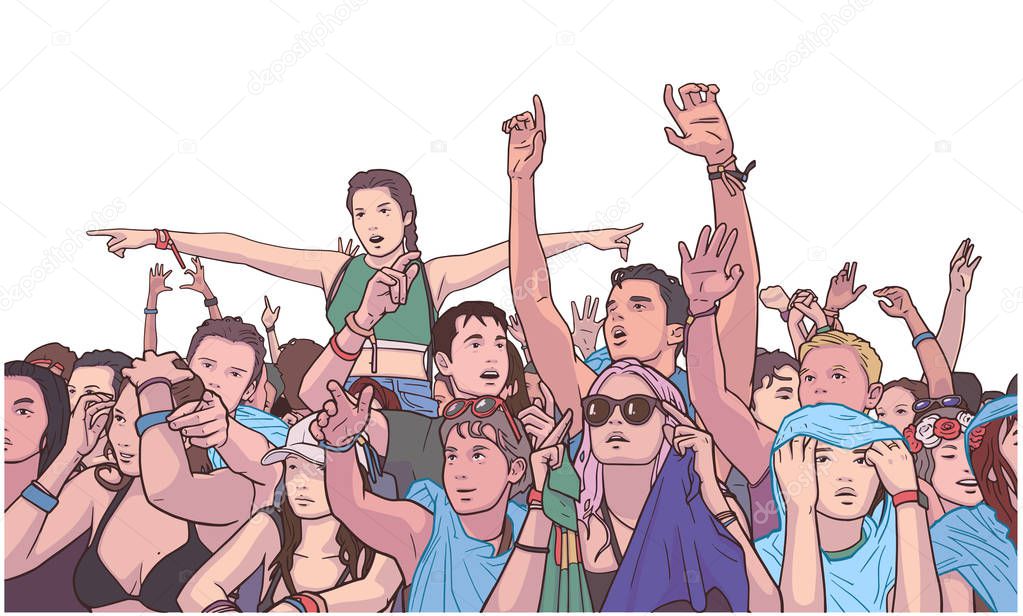 Illustration of mixed ethnic festival crowd partying in the rain