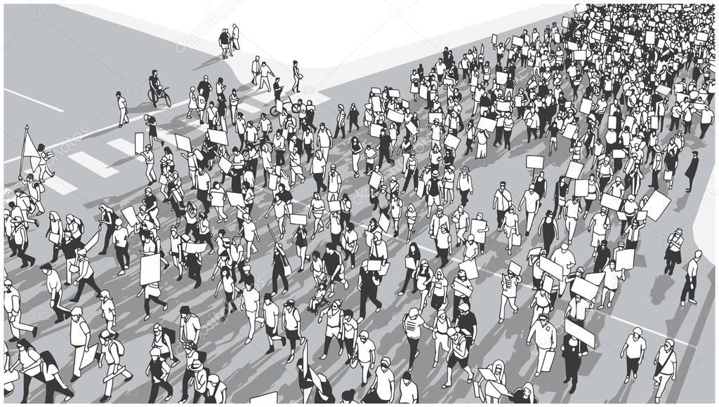 Illustration of crowd marching and demonstrating for equality