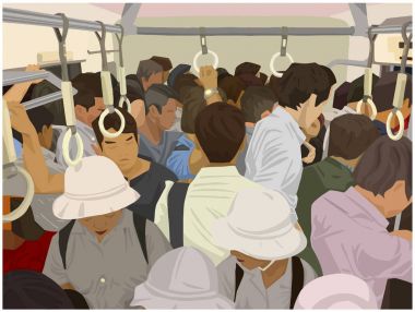 Kalabalık banliyö treni renkli çizimi