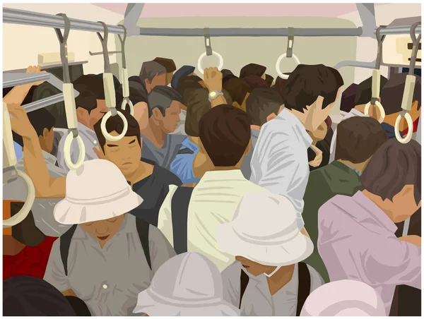 Illustration of crowded commuter train in color — Stock Vector