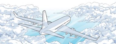 Bulutlar üzerinde uçan uçak çizimi