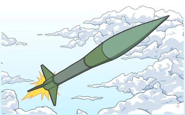 Illustration einer ballistischen Rakete, die in Farbe zwischen Wolken aufsteigt — Stockvektor