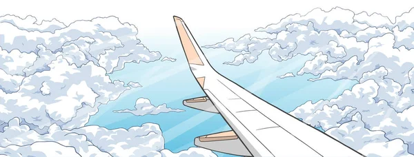 Иллюстрация пролетающего над облаками самолета — стоковый вектор