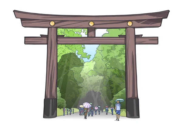 Illustration von Menschen, die in Farbe durch das japanische Schreintor gehen — Stockvektor