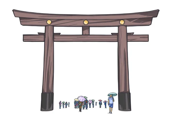 Illustration von Menschen, die in Farbe durch das japanische Schreintor gehen — Stockvektor