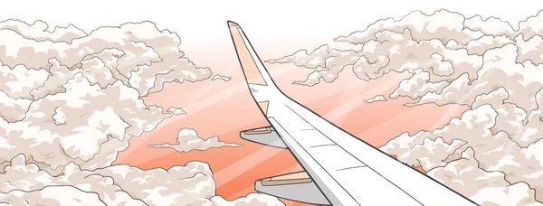 Иллюстрация самолета, летящего над облаками на закате — стоковый вектор