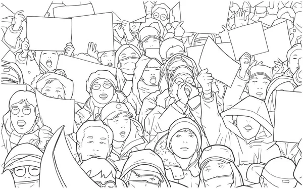 Illustratie van gemengde etnische menigte protesteren met lege borden — Stockvector