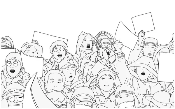 Ilustração da multidão étnica mista protestando com sinais em branco —  Vetores de Stock