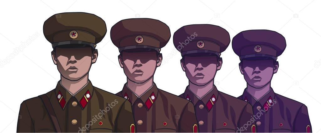 Illustration of north korean soldiers wearing uniforms in color