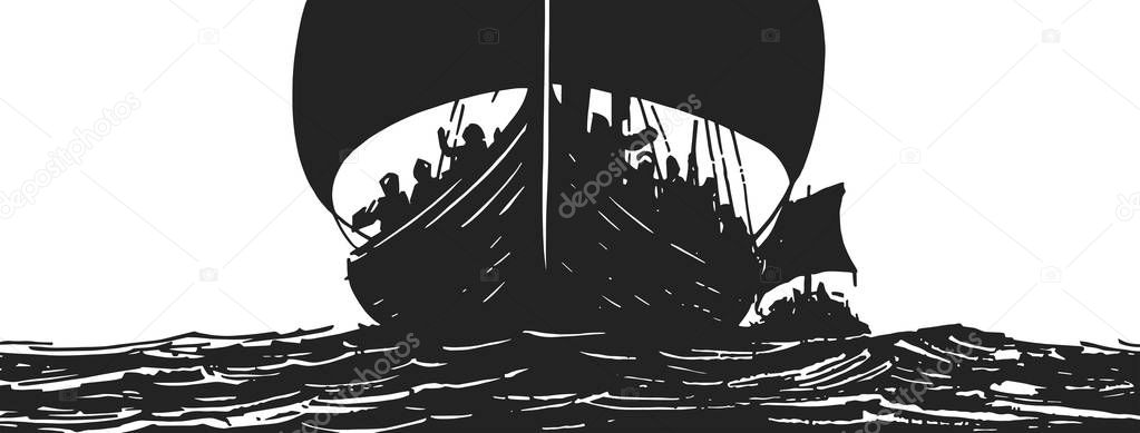 Stylized illustration of old northern long boats sailing on open waters