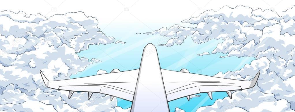 Illustration of airplane flying over clouds