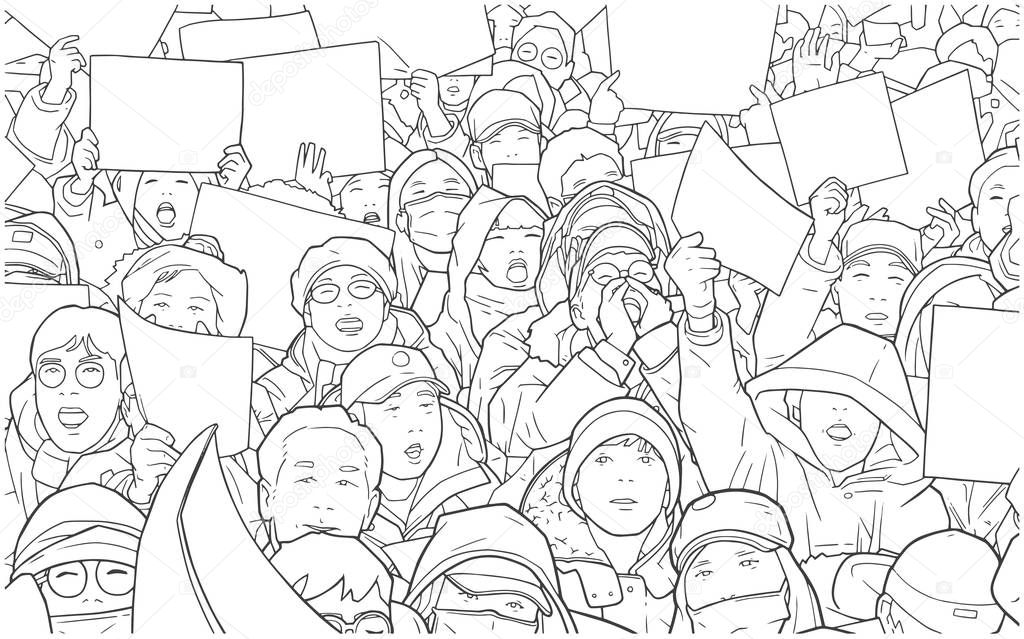 Illustration of mixed ethnic crowd protesting with blank signs