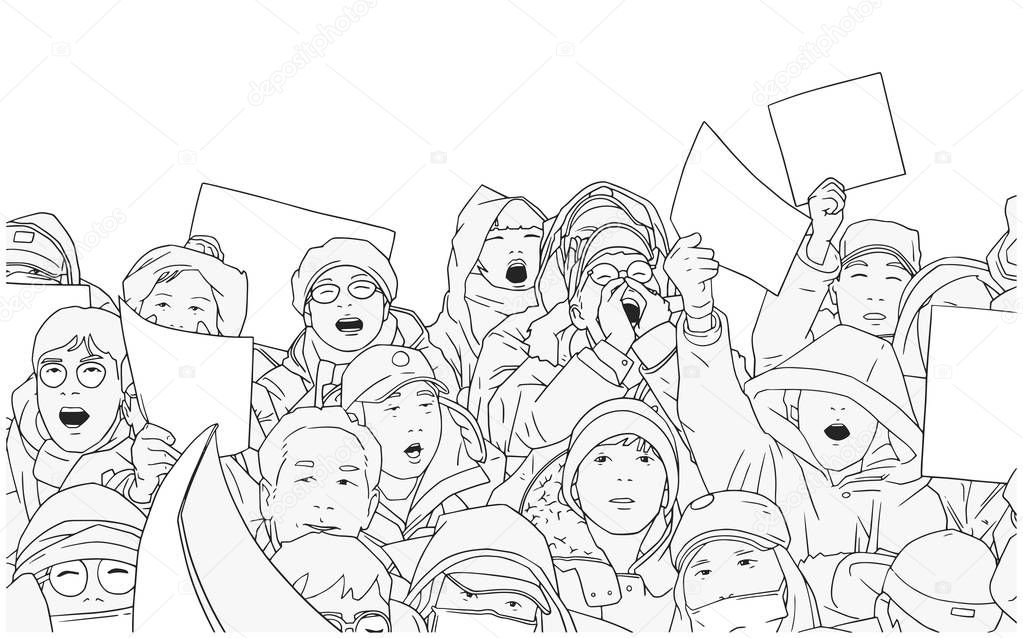 Illustration of mixed ethnic crowd protesting with blank signs