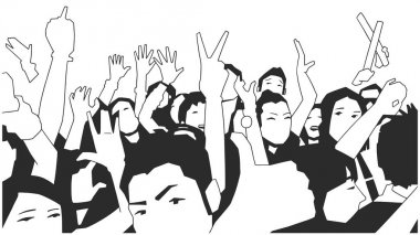 Parti kalabalık tezahürat konserde siyah ve beyaz çizimi 