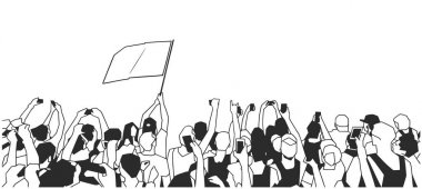 Festival kalabalık tezahürat ve siyah beyaz boş bayrak ile kayıt konserde stilize çizimi