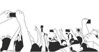Telefonları ve siyah beyaz fotoğraf makineleri konserinde yakalama kayıt insanlar gösteren resim
