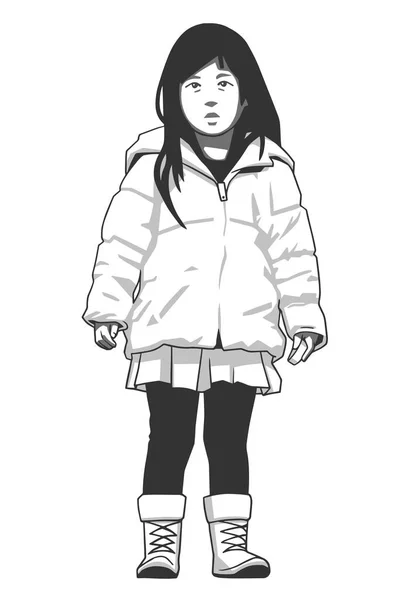 Illustration isolée d'une jeune fille portant un manteau d'hiver et des bottes en noir et blanc — Image vectorielle