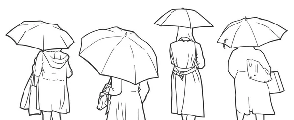 Isolada ilustração de mulheres andando na chuva segurando guarda-chuvas em preto e branco — Vetor de Stock