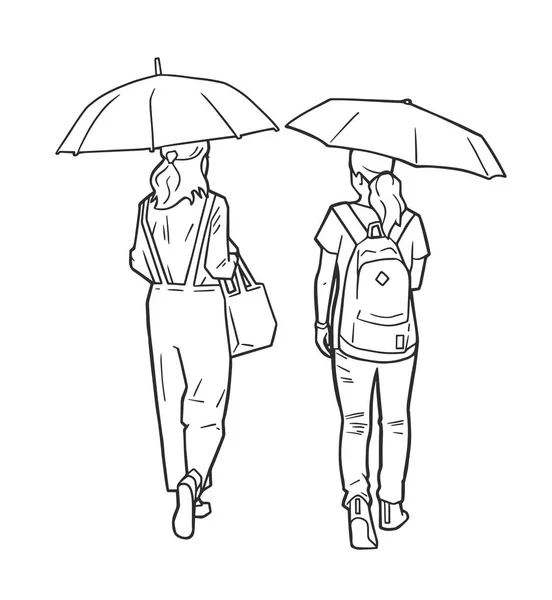Illustrazione isolata di donne che camminano sotto la pioggia con ombrelli in bianco e nero — Vettoriale Stock