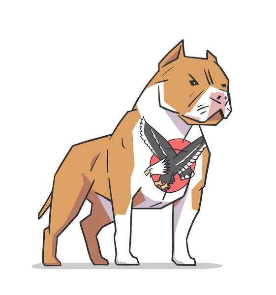 Ilustración aislada de pit bull terrier americano de pie guardia con tatuaje de águila de la vieja escuela en el pecho en color — Vector de stock