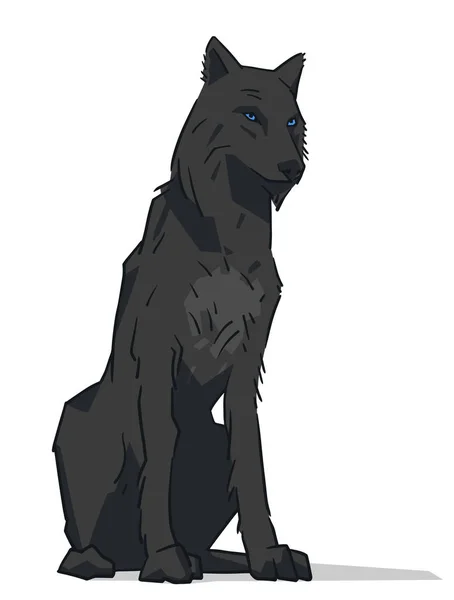 Isolierte Darstellung eines schwarzen Wolfes mit blauen Augen, der in Farbe sitzt — Stockvektor