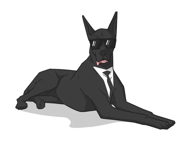 Isolierte Darstellung eines schwarzen Dogen, der mit Sonnenbrille und Businessanzug liegt — Stockvektor