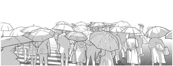Ilustración de multitud de personas esperando en la calle cruzando bajo la lluvia con impermeables y sombrillas en escala gris — Vector de stock