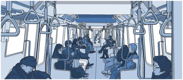 Ilustração de pessoas usando transportes públicos; trem, metrô, metrô —  Vetores de Stock