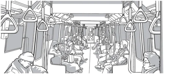 Illustration von Menschen, die öffentliche Verkehrsmittel nutzen; Zug, U-Bahn, U-Bahn — Stockvektor