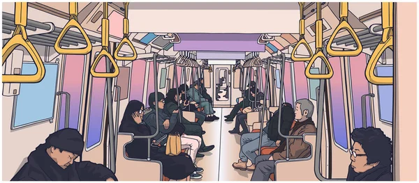 Ilustración de personas que utilizan el transporte público; tren, metro, metro — Vector de stock