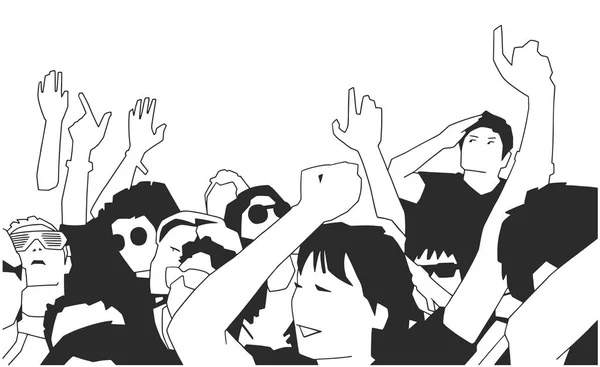 Svartvit illustration av festare hejar på konsert — Stock vektor
