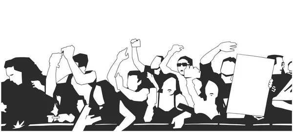 Ilustrasi hitam putih dari keramaian pesta bersorak di konser - Stok Vektor