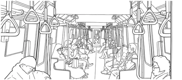 Ilustração de pessoas usando transportes públicos; trem, metrô, metrô —  Vetores de Stock