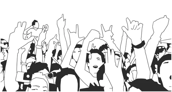 Illustration en noir et blanc de la foule qui applaudit au concert — Image vectorielle