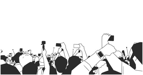 Illustration of people recording capturing at concert with phones and cameras in black and white