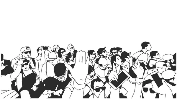 Ilustración en blanco y negro de la multitud fiestera animando en concierto — Archivo Imágenes Vectoriales